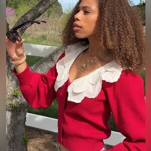 For Love And Lemons 🌹 Sm Charlotte Pointelle Red Cardigan with Cream Lace Collar